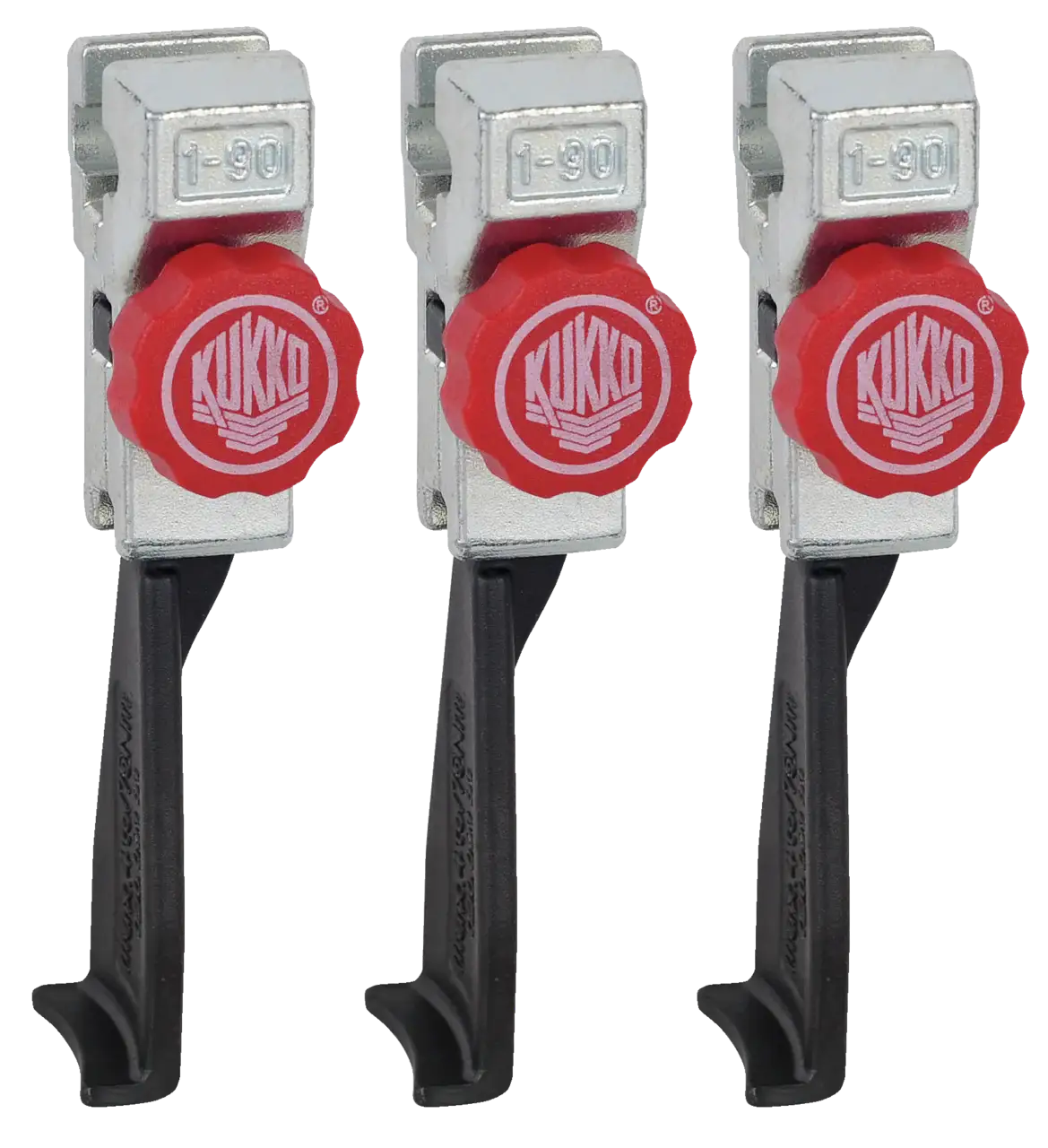 Set of three industrial puller jaws with red adjustment knobs and black arms