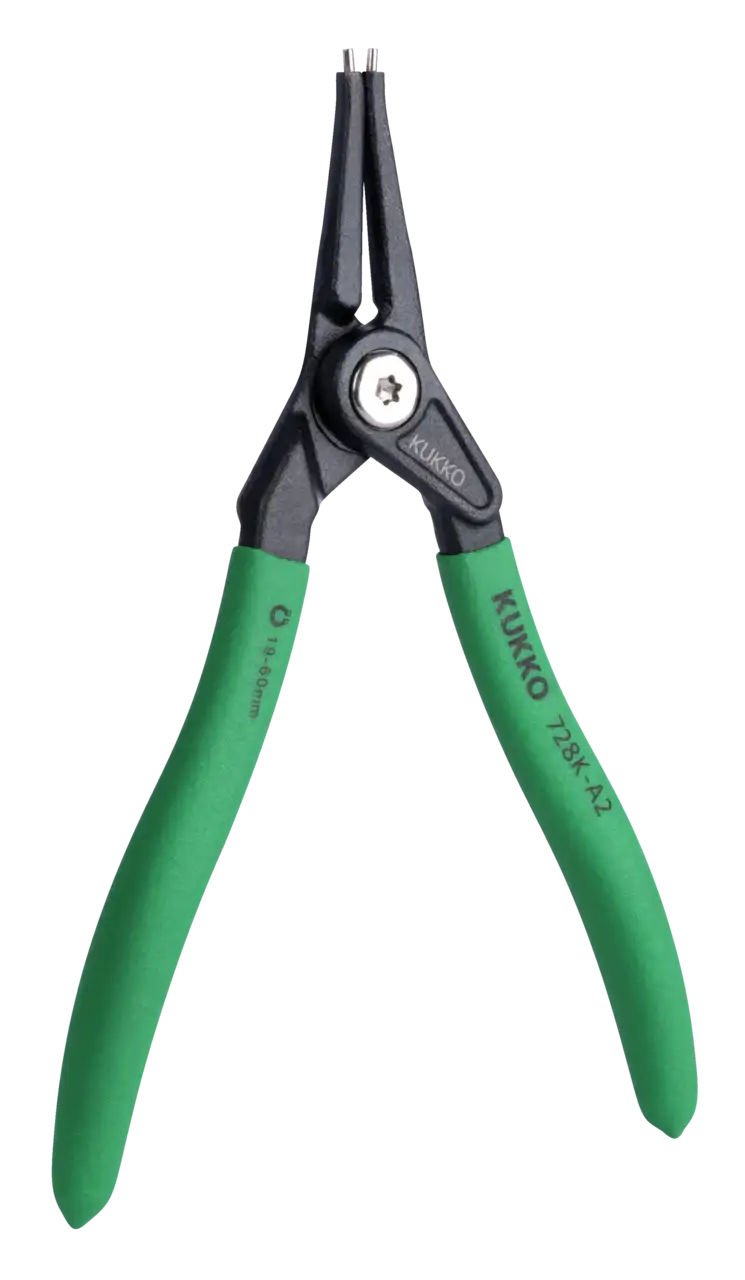 Green-handled precision snap ring pliers with pointed tips for industrial tool use