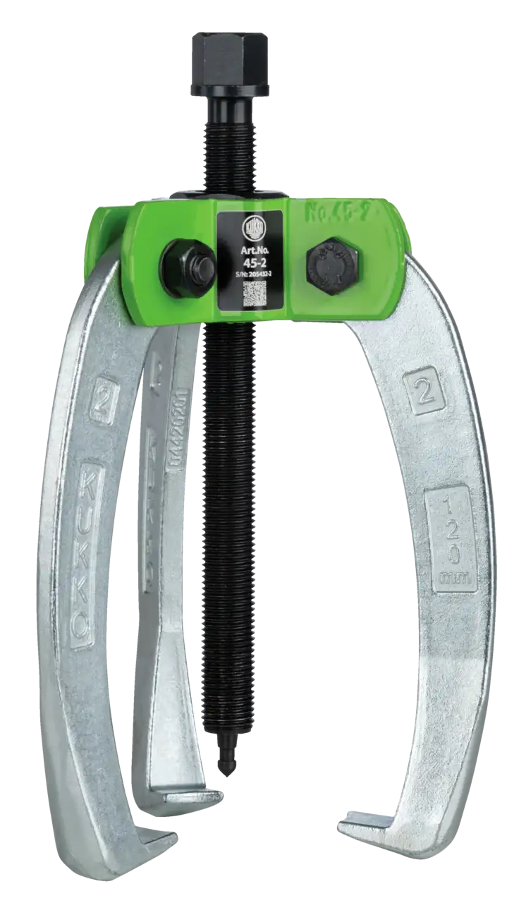 Heavy-duty three-jaw gear puller with green top plate and metal arms for industrial tool use