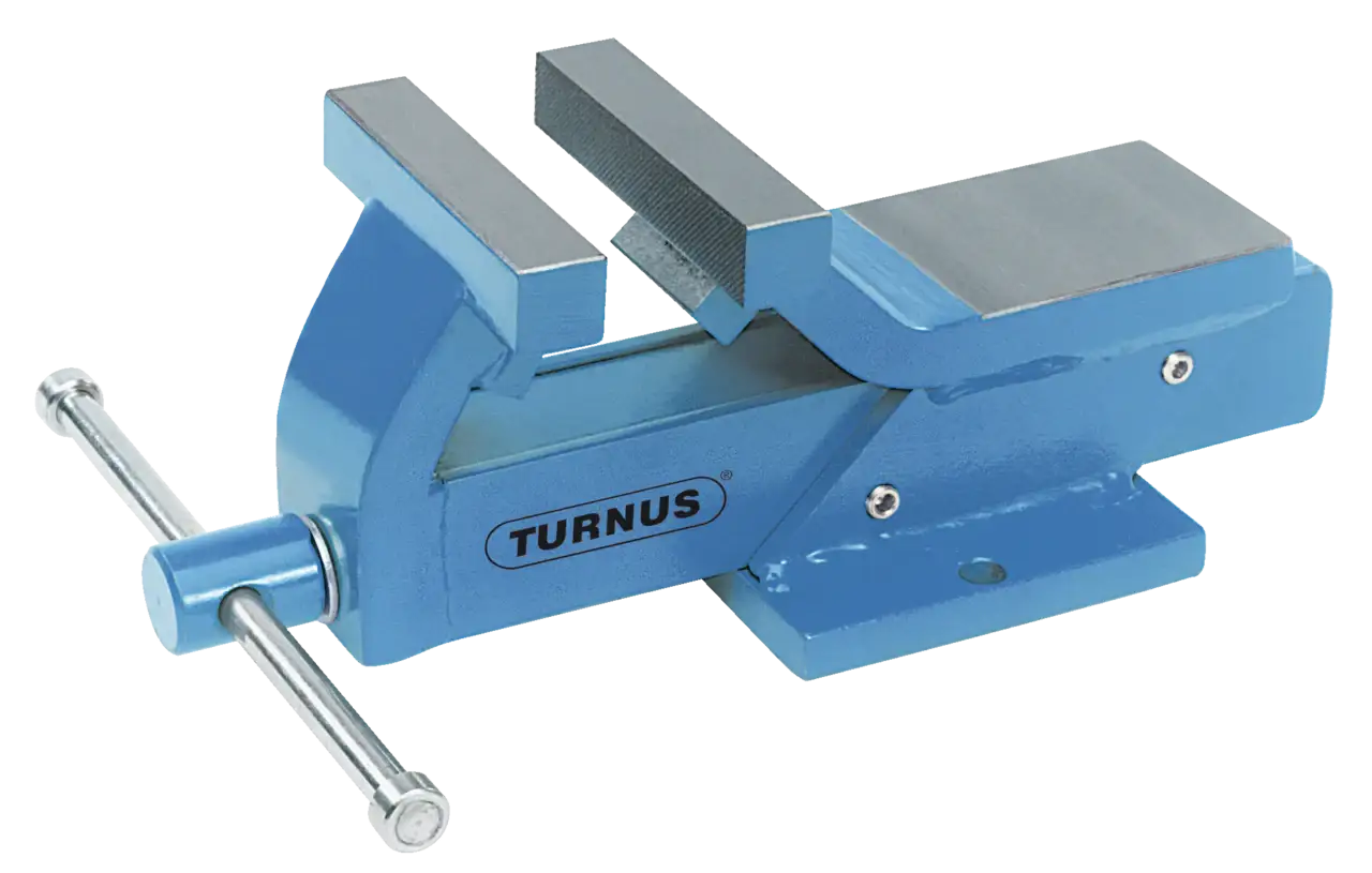 Blue steel bench vise with textured jaws and TURNUS branding, industrial hand tool
