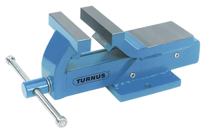 Blue steel bench vise with textured jaws and TURNUS branding, industrial hand tool