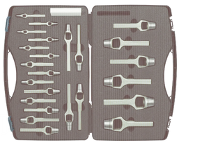 Precision metal punch and chisel set in foam organizer for industrial tool storage