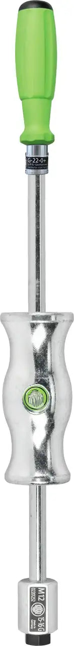 Slide hammer puller tool with green handle and chrome body for industrial use