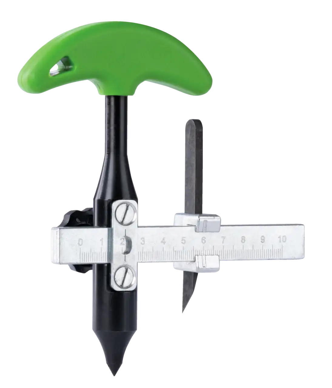 Adjustable circle cutter tool with green handle and metal ruler guide for industrial use