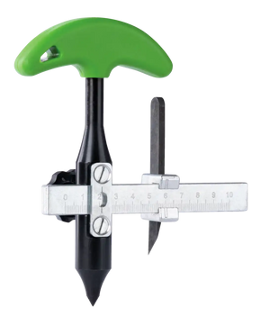 Adjustable circle cutter tool with green handle and metal ruler guide for industrial use