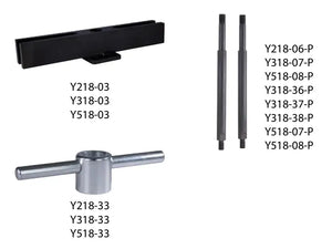 Industrial tool set with black alignment bar, two black rods, and a metal T-handle, labeled with part numbers.