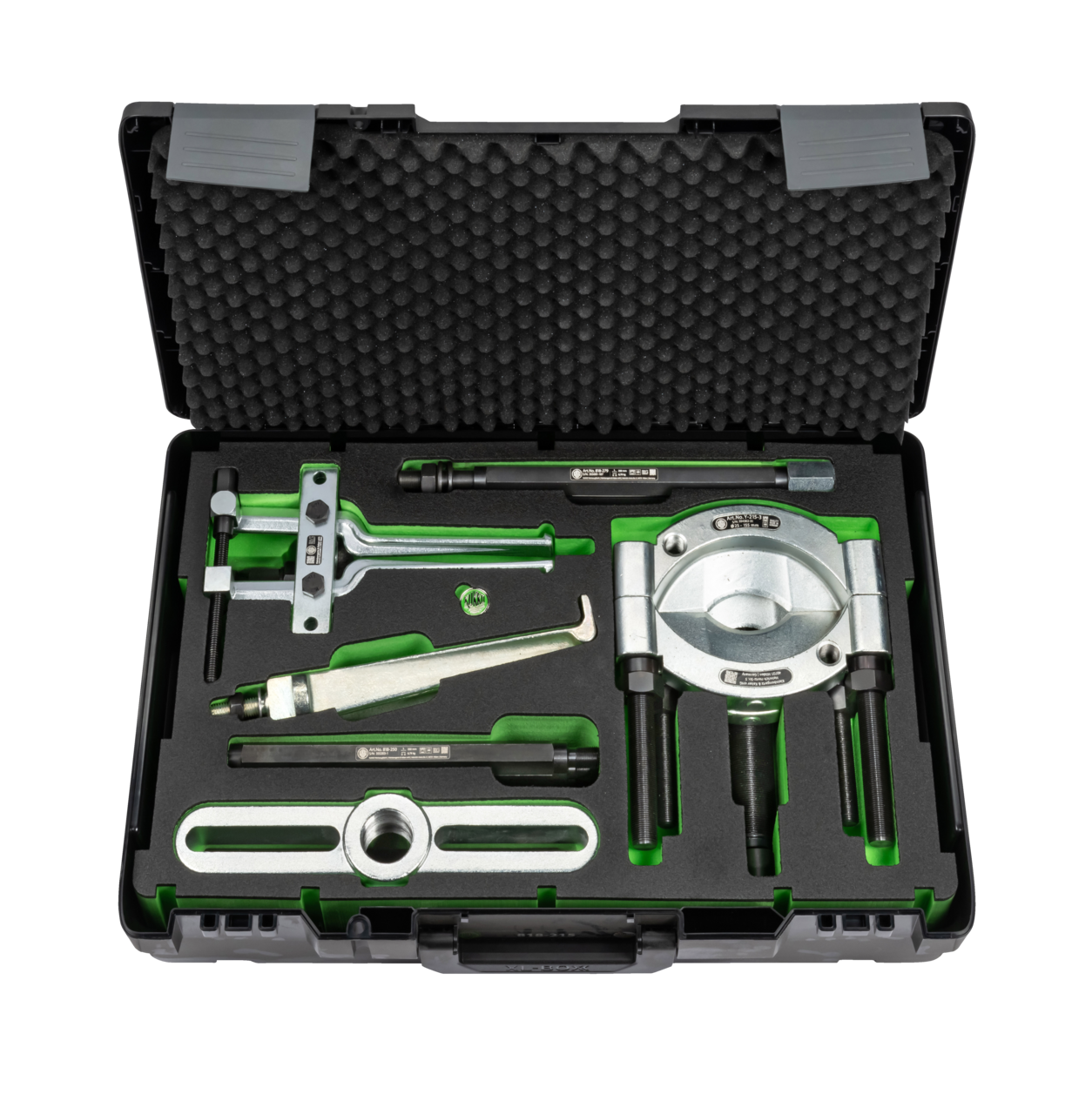 kukko 818-215 hydraulic bearing puller set for pulling and internal extraction of ball bearings, roller bearings, inner rings, and other flush-moun