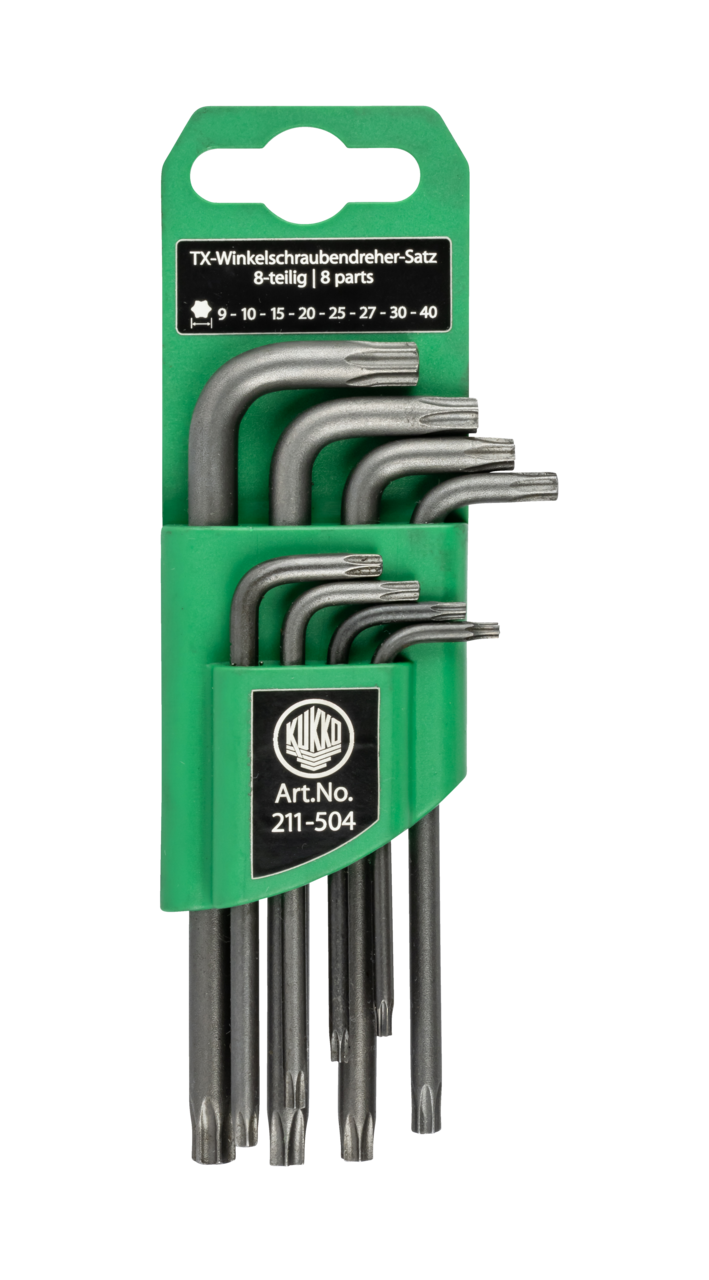 kukko 211-504 tx-allen key set, key sizes 9, 10, 15, 20, 25, 27, 30, 40 in green clip for operating hard-to-reach screw heads in workshop, industry, and trades