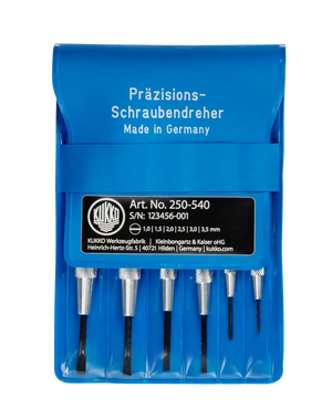 Precision screwdriver set with six metal screwdrivers in a blue plastic case, made in Germany.