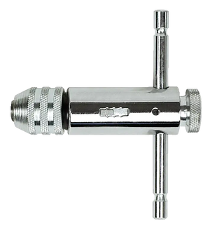 Steel T-handle tap wrench for threading, knurled grip, used in industrial tool applications