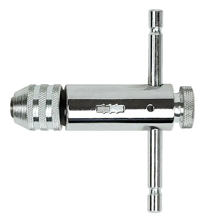 Steel T-handle tap wrench for threading, knurled grip, used in industrial tool applications