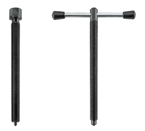 Two metal T-handle shop tools with threaded shafts, industrial tool on white background