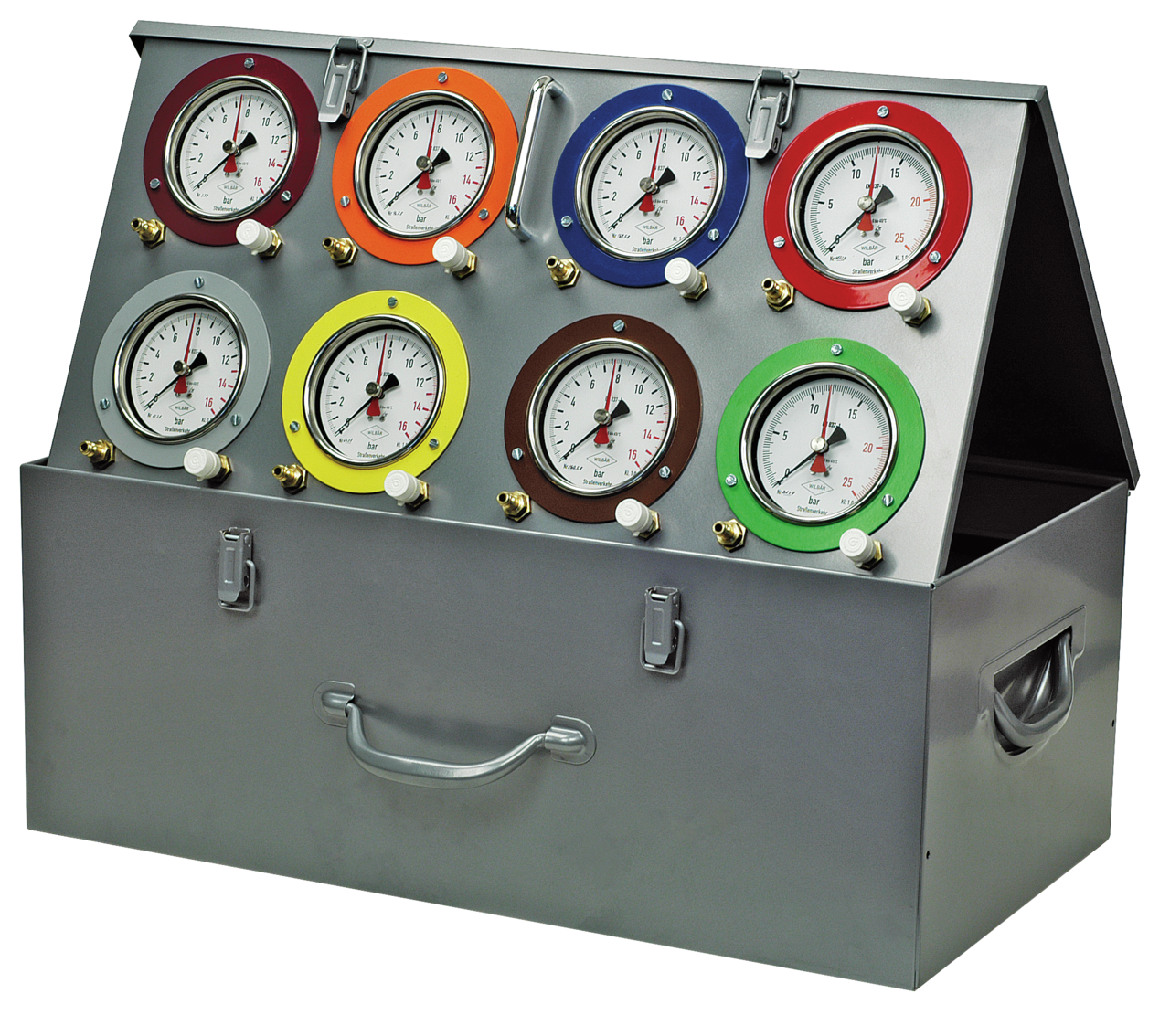 wilbär w-6050/8 wilbär pneumatic test case with 6 pressure gauges. 0-16 bar, 2 pressure gauges. 0-25 bar, with 8 measuring hoses for testing switching pressures, intervals, steps, regulation and safety functions, tightness and pressu