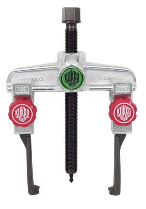 Heavy-duty Kukko gear puller with red tightening knobs and central threaded shaft