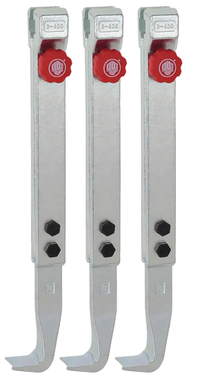 Set of three silver steel puller arms with red adjustment knobs and black bolts