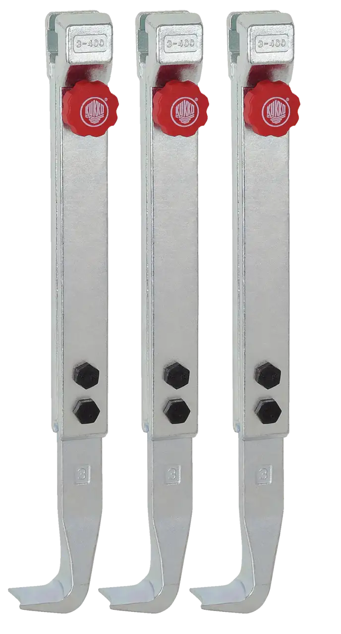 Set of three silver steel puller arms with red adjustment knobs and black bolts