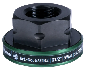 Black hexagonal industrial lock nut with threaded hole and product details on a green ring
