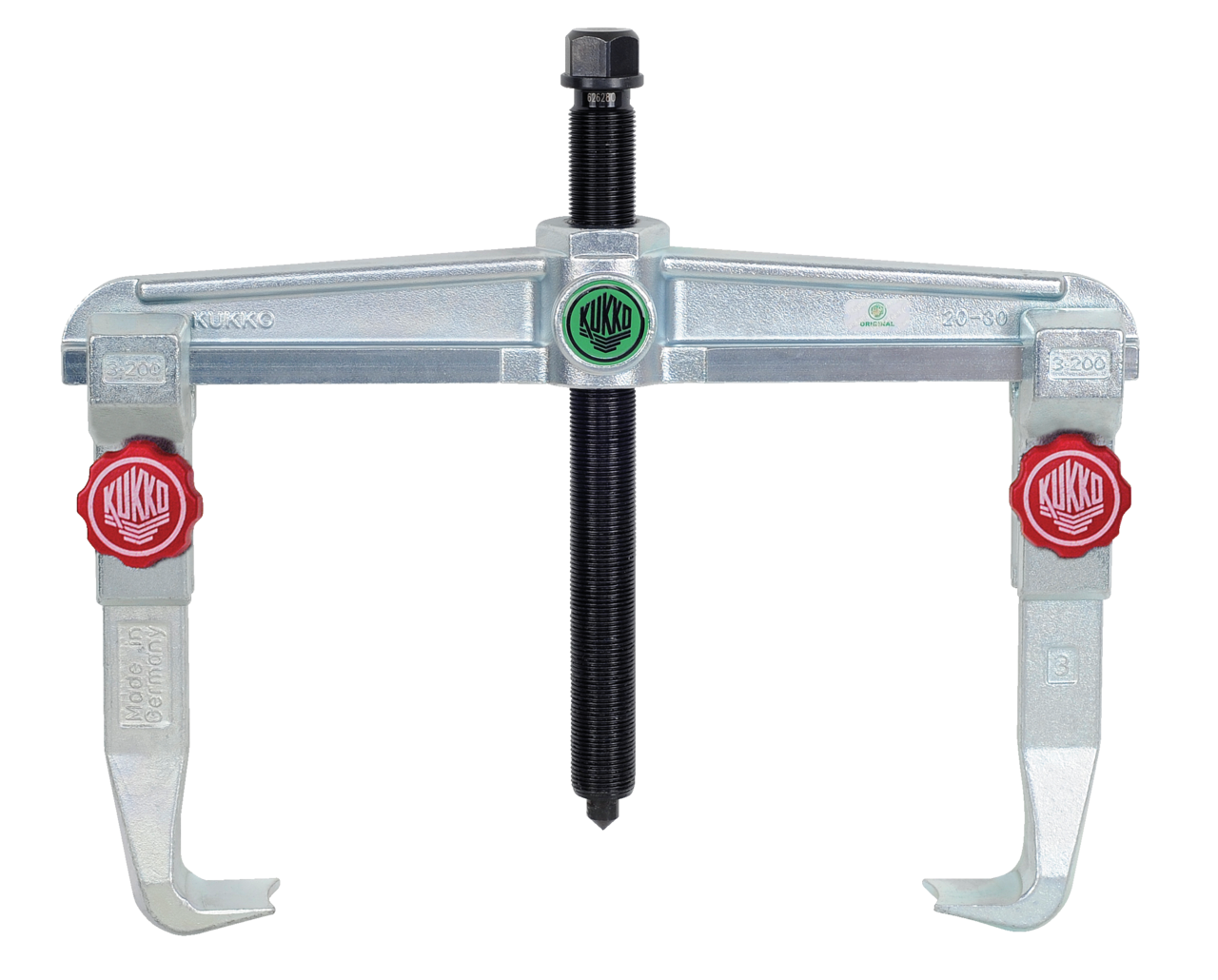 kukko 20-30+ 2-jaw universal puller with quick-adjustable jaws, up to 350 mm spread, 200 mm reach for extracting bearings, gears, and discs in all common sizes for crafts, workshops, and industry