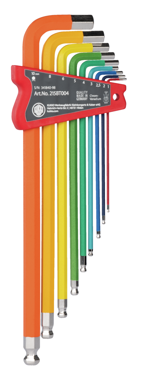 kukko 215bt004 long color-coded angle screwdrivers with ball head, 1,5, 2,0, 2,5, 3,0, 4,0, 5,0, 6,0, 8,0, 10,0 mm key widths in holder for operating hard-to-reach screw heads in workshops, industry, and crafts