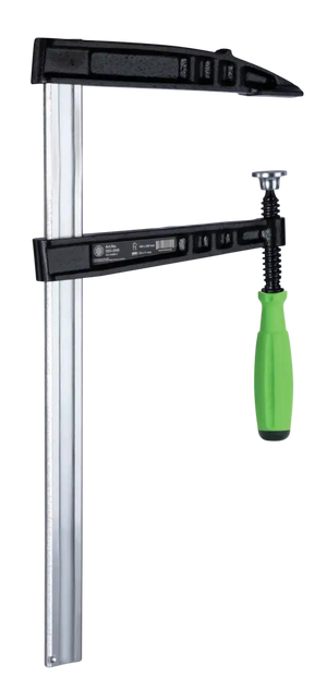 Heavy-duty steel F clamp with green ergonomic handle for woodworking and metalworking