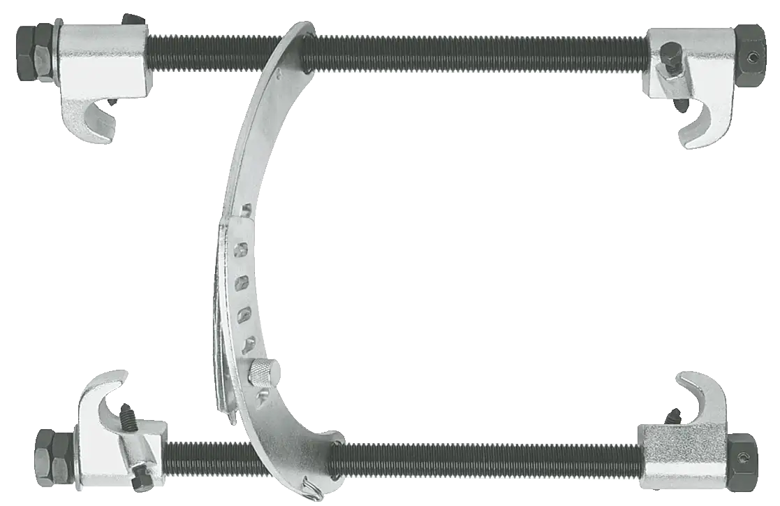 Heavy-duty steel coil spring compressor tool with threaded rods and secure clamp hooks