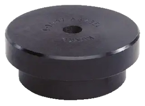Black industrial rubber plug with central hole for shop tool or machinery application