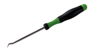 Angled pick tool with ergonomic green and black handle, metal shaft for shop use