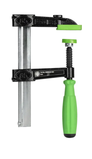 Industrial F-clamp with black frame, metal bar, and green handle for shop clamping tasks