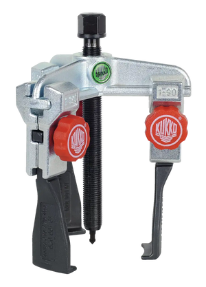 Heavy-duty gear puller tool with red knobs, metal frame, and threaded center bolt
