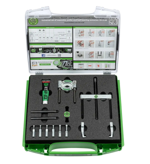 Universal separator, puller and ball bearing extractor tool kit with case and illustrated instructions