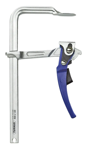 Heavy-duty F-clamp with blue handle and metallic sliding jaw, ideal for woodworking and metalworking.