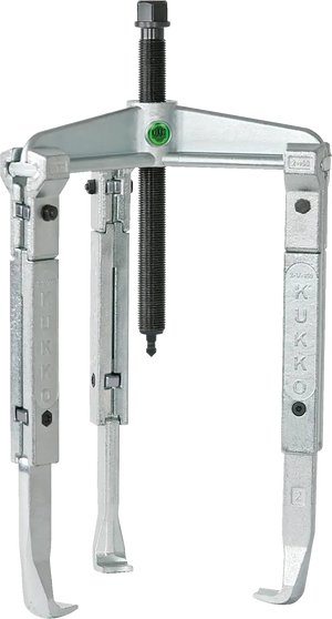 Three-jaw gear puller tool with silver metallic finish, adjustable arms, and KUKKO branding