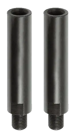 Pair of black steel threaded shop tool extensions on white background