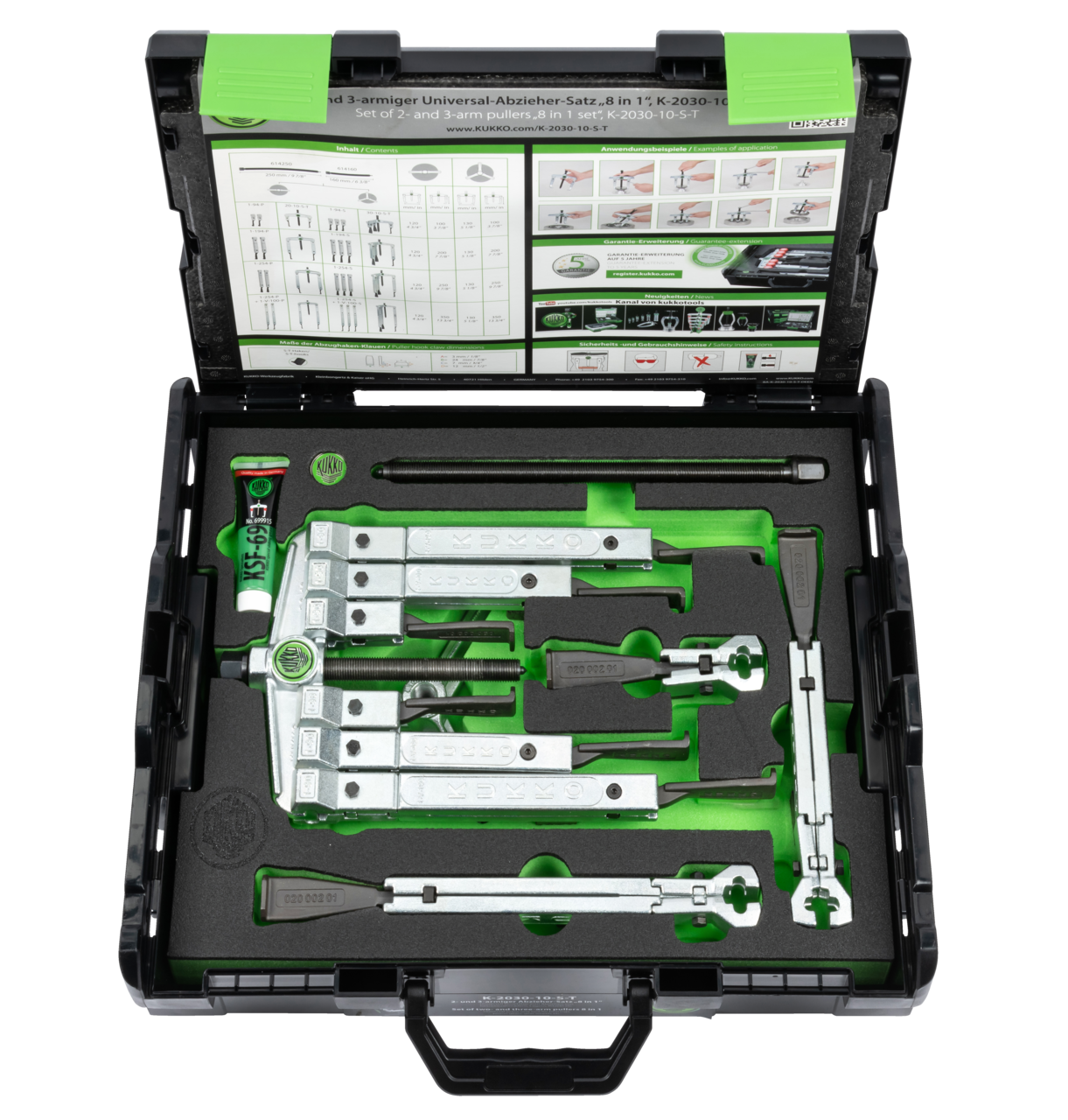 kukko k-2030-10-s-t 2-, 3-jaw universal puller set with extremely narrow jaws for 2-jaw and 3-jaw pulling of gearbox gears, bearings, pinions, synchronizers, etc