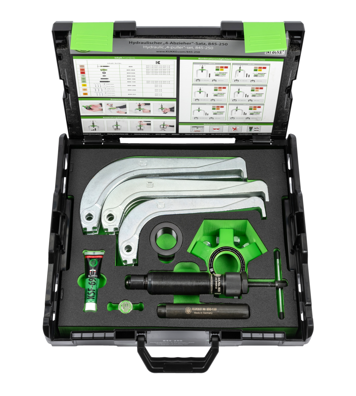 kukko 845-250 hydraulic 6 puller set 75-250 x 250 mm / 10 ton with self-centering puller jaws for pulling bearings, gears, discs, etc
