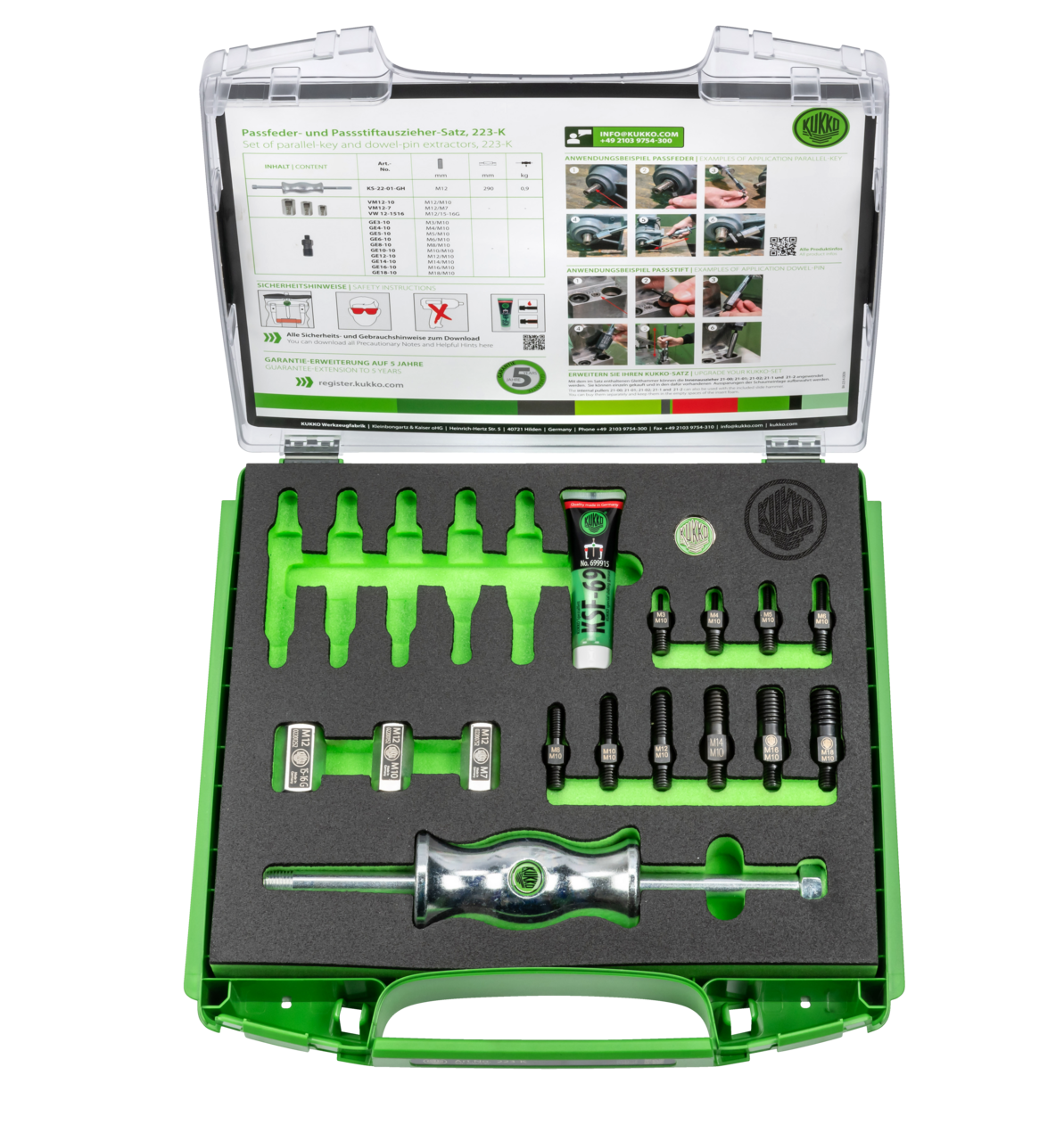 kukko 223-k passfeder-, passstiftauszieher-satz m 3/-4/-5/-6/-8/-10/-12/-14/ m 16 / m 18 for extracting bushings as well as components with threads (dowel pins, keyways, bolts, etc