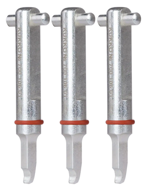 Three metal puller tool arms with hooked ends, arranged vertically side by side