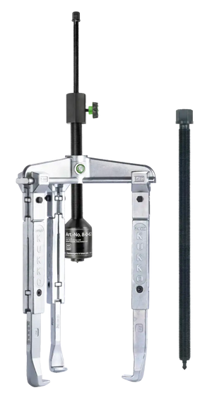 Heavy-duty three-jaw gear puller tool with adjustable arms and threaded center rod