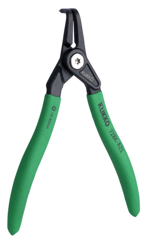 Green-handled external snap ring pliers with tip, labeled KUKKO 728K-A21, for industrial use