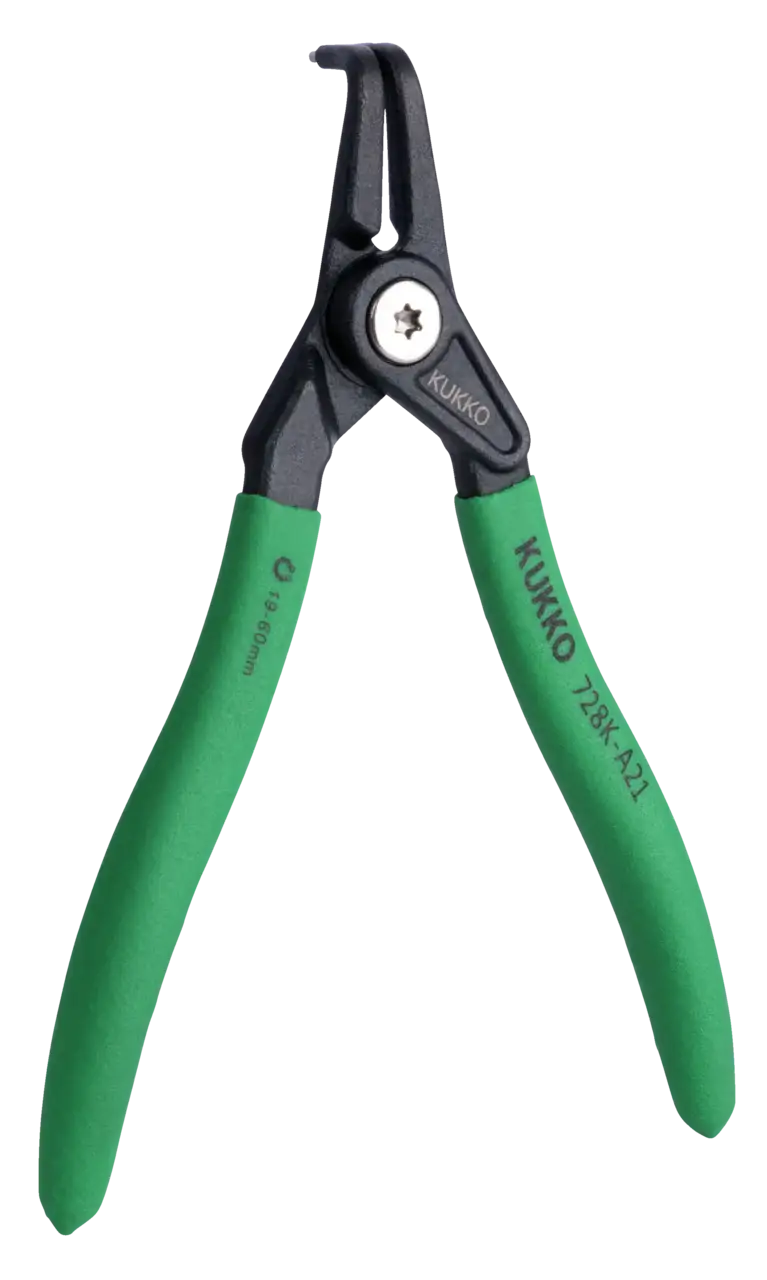 Green-handled external snap ring pliers with tip, labeled KUKKO 728K-A21, for industrial use