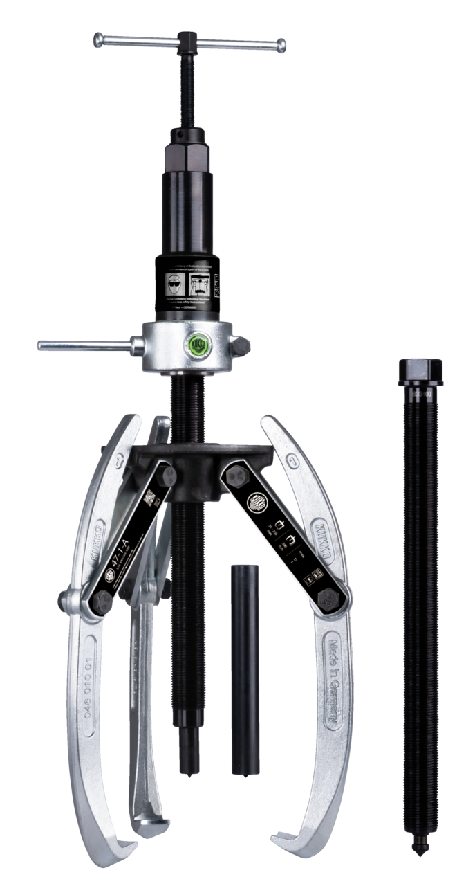 kukko 47-1-b heavy-duty, 3-arm universal puller 300 x 300 mm with swiveling puller legs, combination crosshead and grease-hydraulic spindle (tractive force up to 15 t) for crafts, workshops, and industry