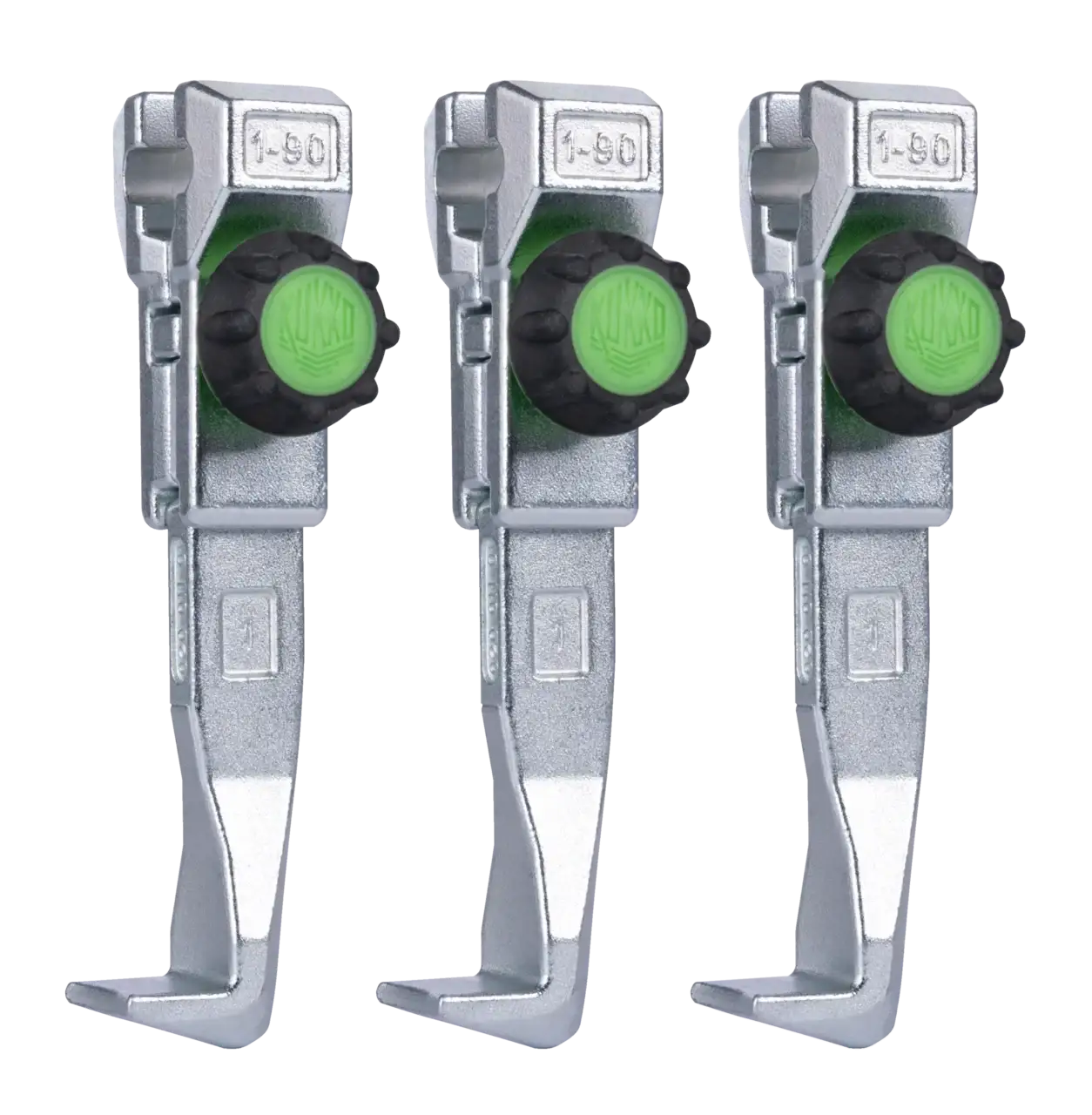 Three metal conduit connectors with green adjustment knobs for electrical fittings