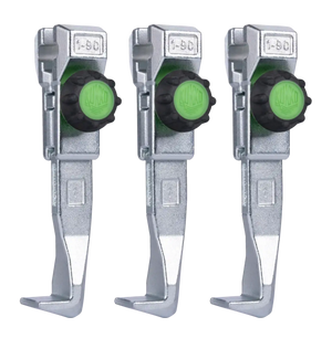 Three metal conduit connectors with green adjustment knobs for electrical fittings