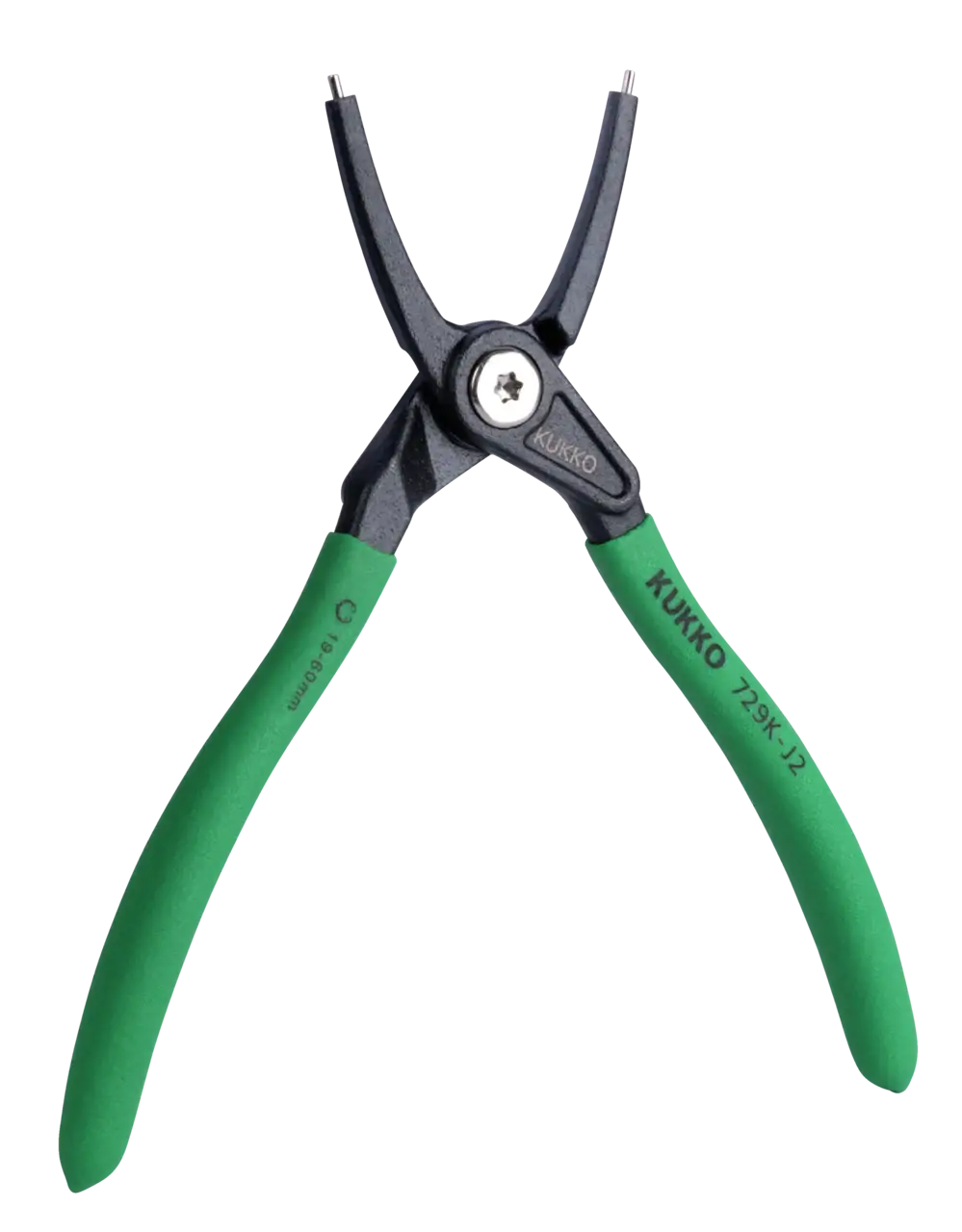 Green-handled internal snap ring pliers with Kukko branding for industrial use
