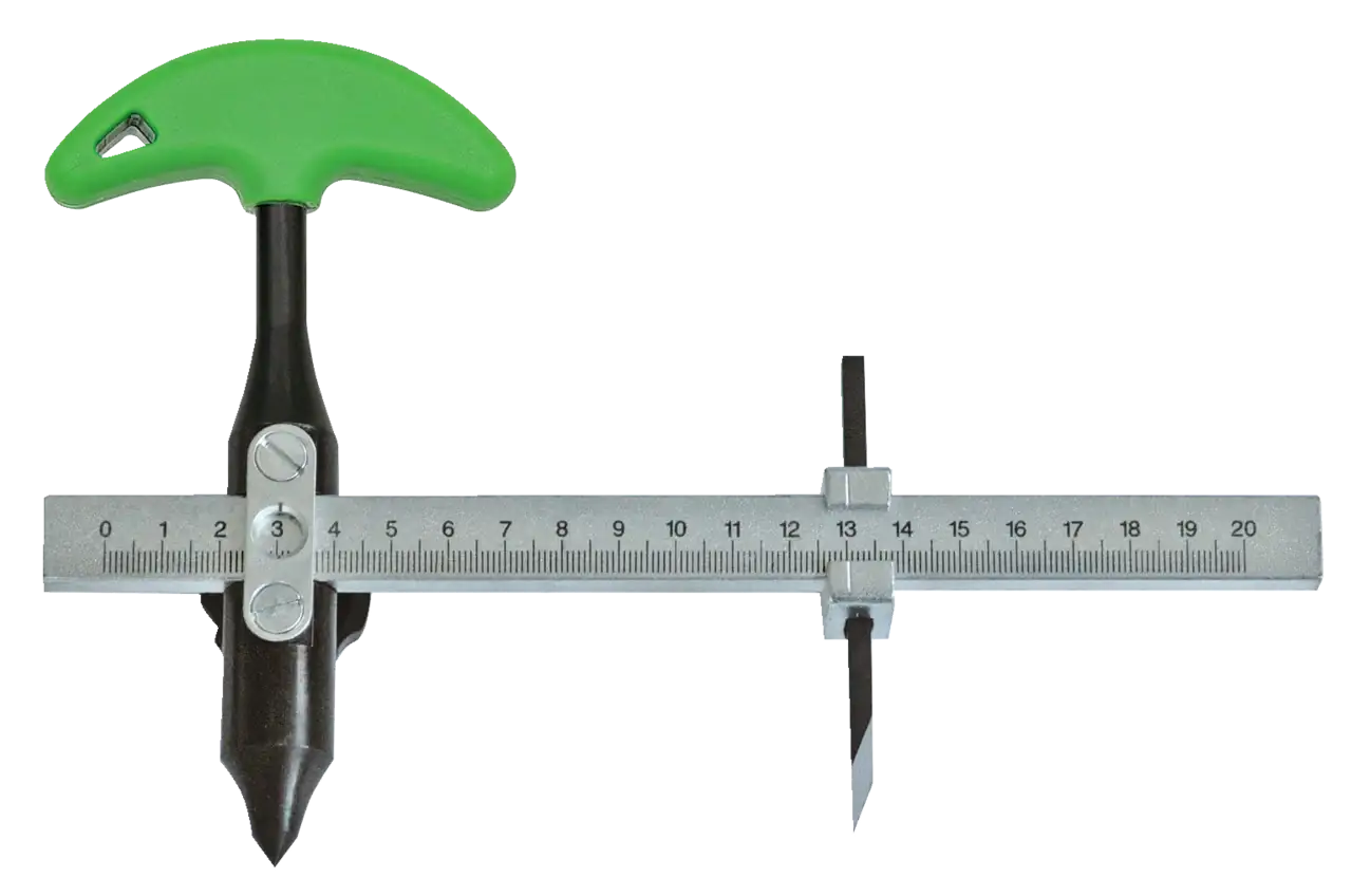 Adjustable marking gauge with green handle and steel ruler for precise woodworking measurements