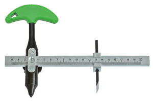 Adjustable marking gauge with green handle and steel ruler for precise woodworking measurements