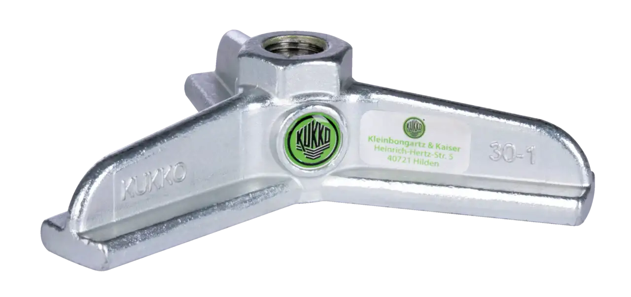 Heavy-duty steel puller tool arm with threaded center hole, Kukko branding, and engraved label