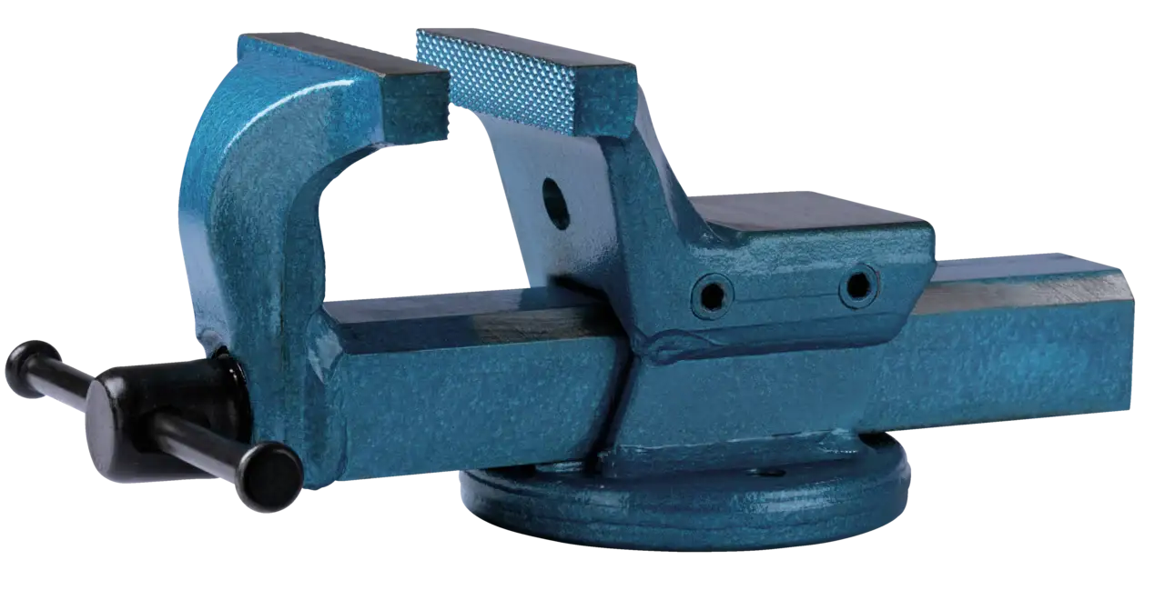 Heavy-duty blue bench vise with textured steel jaws and swivel base, ideal for workshop use.