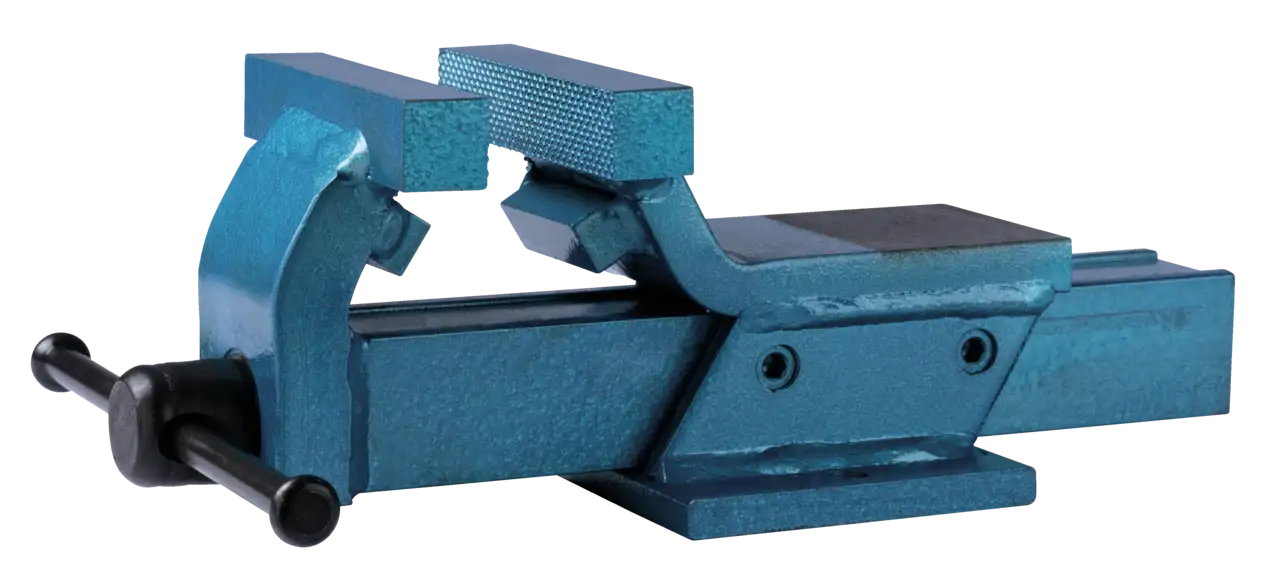 Blue metal bench vise with textured jaws for industrial clamping and workshop use