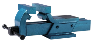 Blue metal bench vise with textured jaws for industrial clamping and workshop use